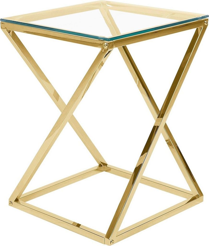 A product shot of a gold and glass side table.