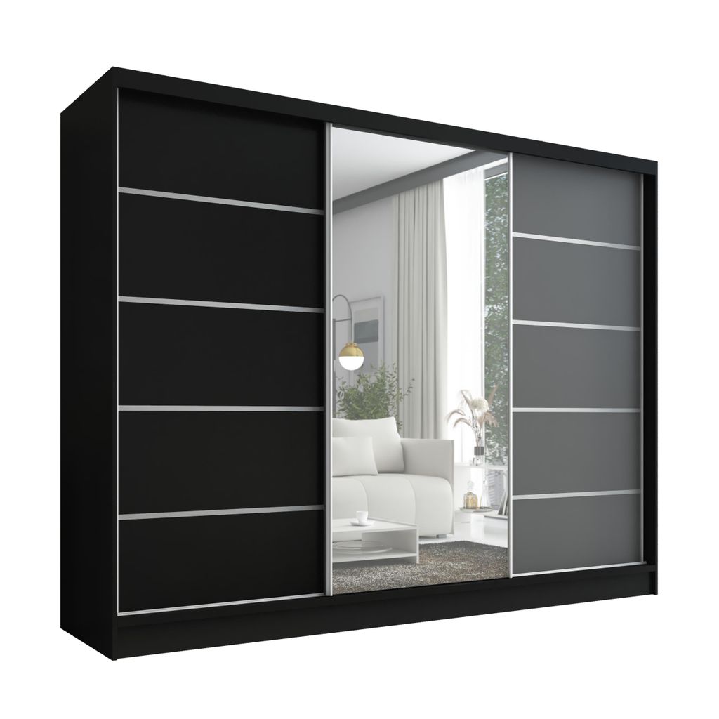 Schwebetürenschrank, 3-türig Schrank 200 cm mit Spiegel ARIVA 1 (Schwarz , Graphit, Schwarz)