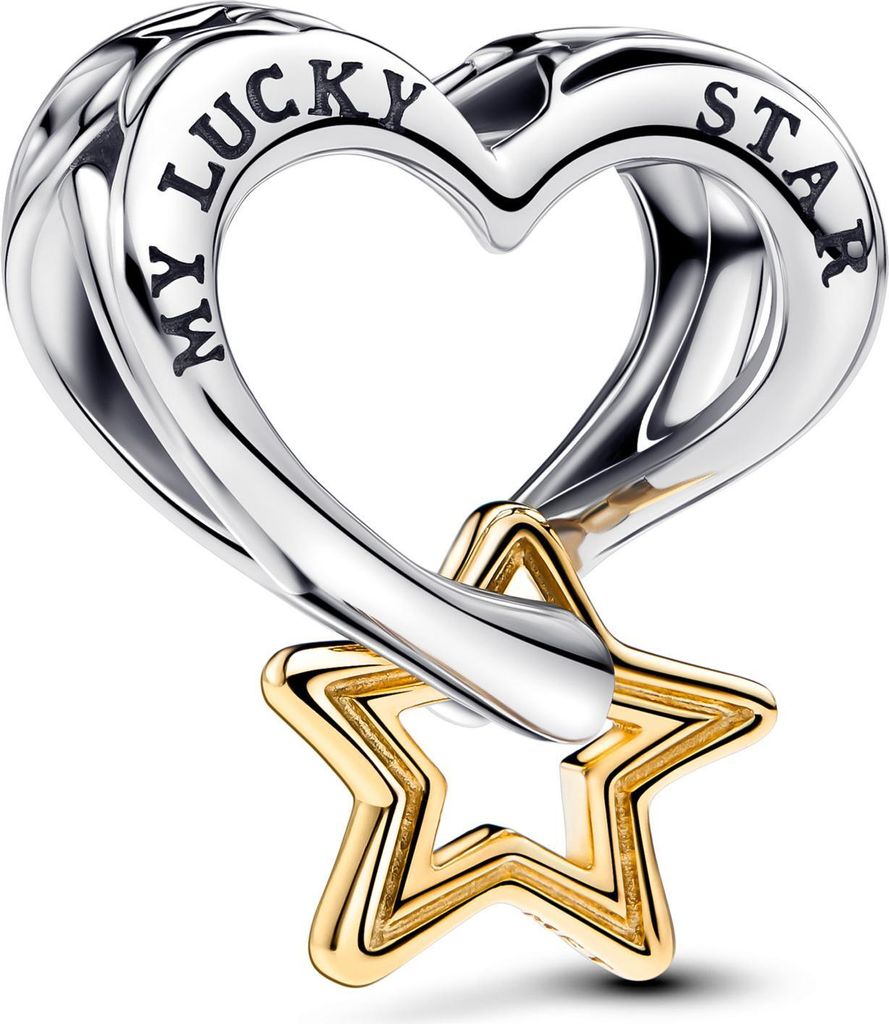 A silver heart-shaped charm with a gold star hanging from it.