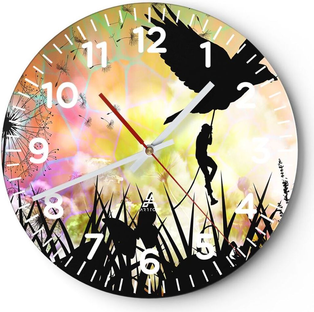 Wanduhr - Rund - Glasuhr - künstlerisch Charakter Wolke Blume - 40x40cm - Schleichendes Uhrwerk - Lautlos - zum Aufhängen bereit - Dekoration Mod...