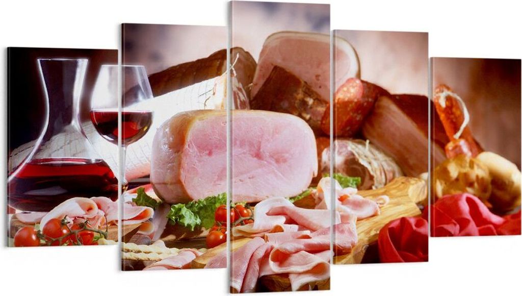 Bild auf Leinwand - Leinwandbild - Essen Essen Wurst Kräuter - 160x85cm - Wand Bild - Wanddeko - Leinwanddruck - Bilder - Kunstdruck - Wanddekorat...