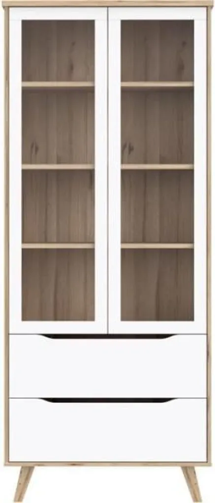 Vitrine Haute VANKKA Design Bicolore Blanc et Chêne 2 Portes Verre