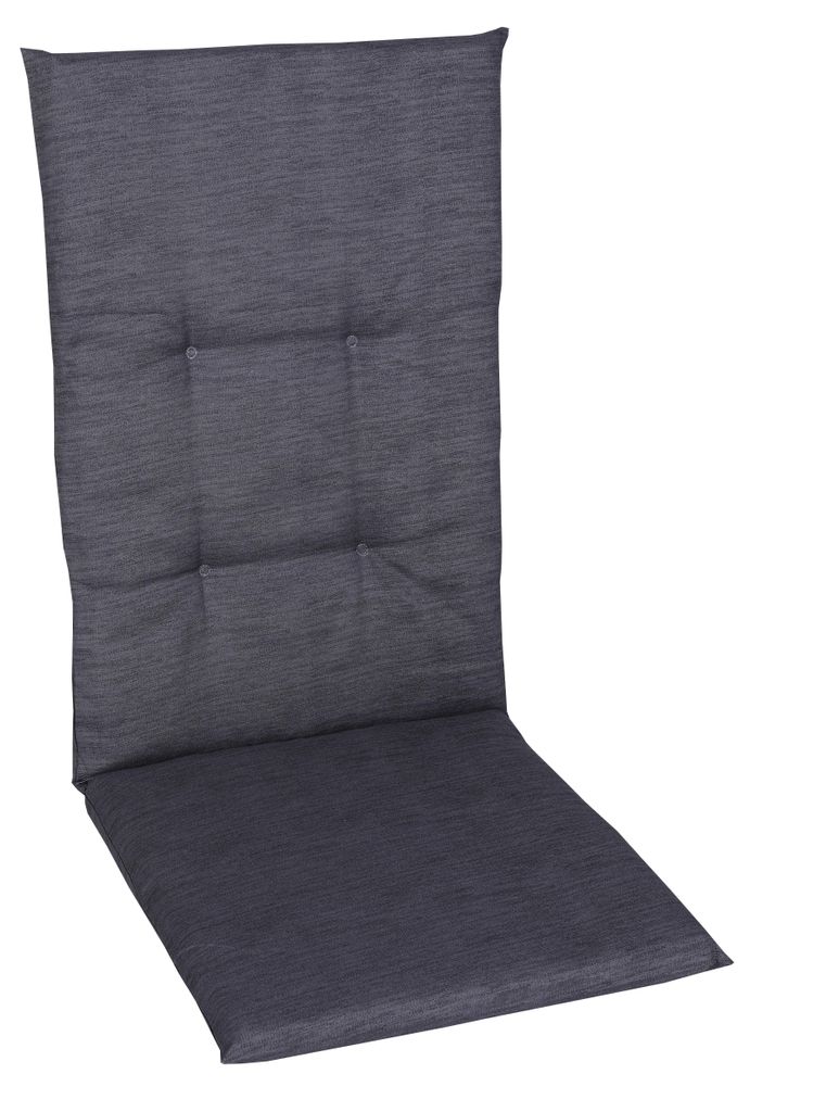 A dark gray chair cushion is shown against a white background.