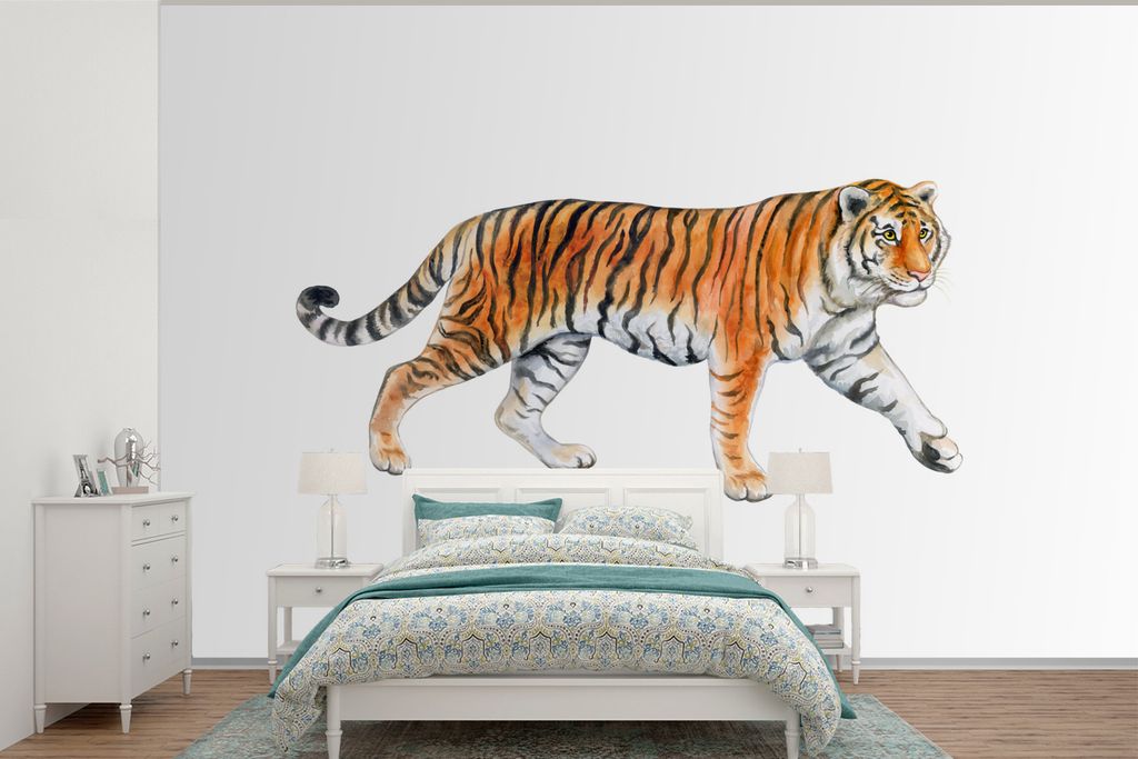 MuchoWow Fototapete für Wohnzimmer oder Schlafzimmer Wandtapete Vinyl Motivtapete Tiger - Orange - Weiß - 525x350 cm - Das Hintergrundbild