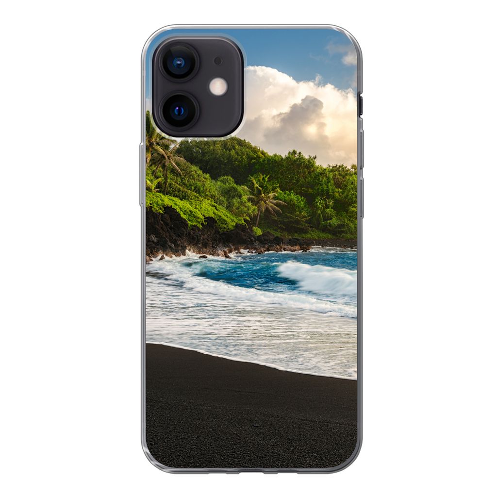 MuchoWow Handyhülle Schutzhülle Hülle für iPhone 12 Ein schwarzer Sandstrand auf Hawaii Silikon Softcase Handy Hülle - Schutzhülle