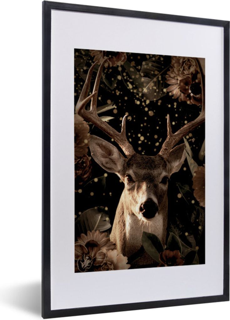 MuchoWow MuchoWow Gerahmtes Poster Hirsche - Pflanzen - Gold 40x60 cm - Poster mit zchwarzem Bilderrahmen - Poster in Rahmen