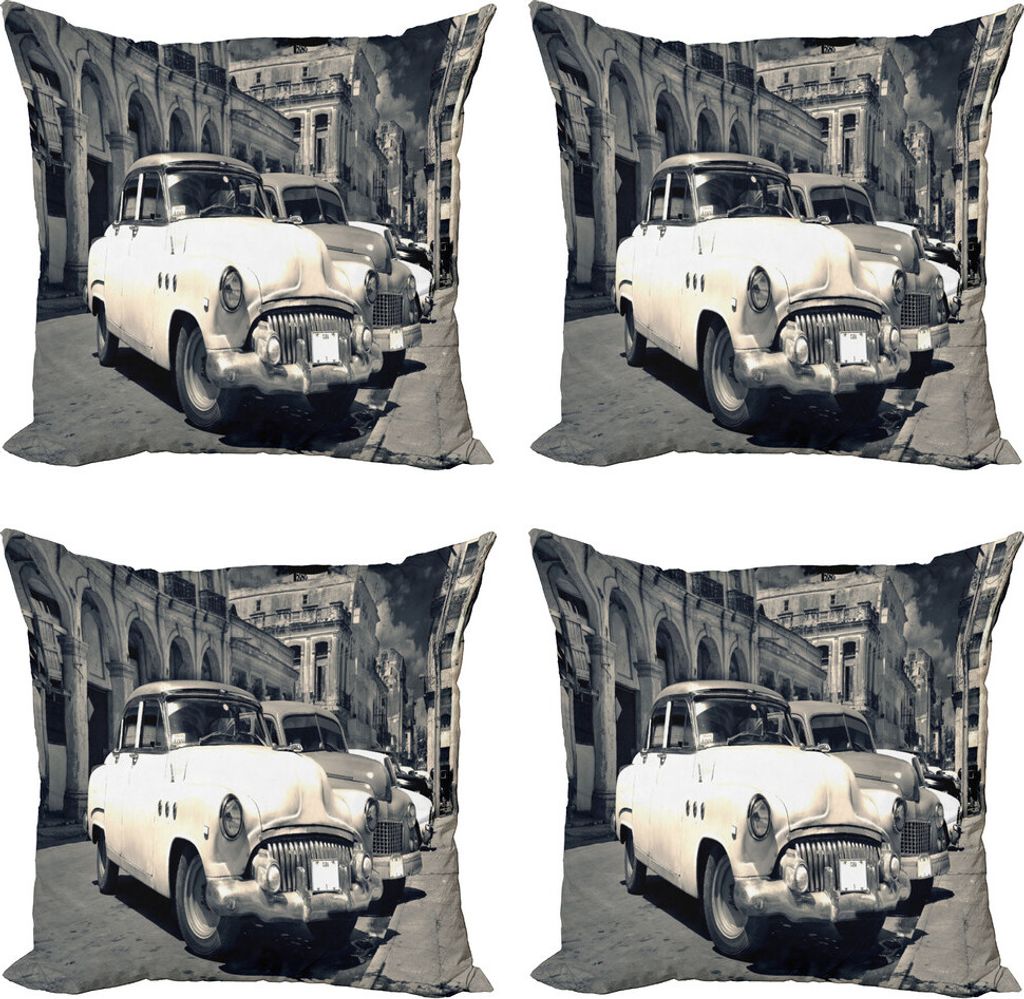 ABAKUHAUS Oldtimer Kissenbezug Set (4 Stück), Amerikanische Autos Havanna, Moderner Doppelseitiger Digitaldruck, 40 cm x 40 cm, grau Beige