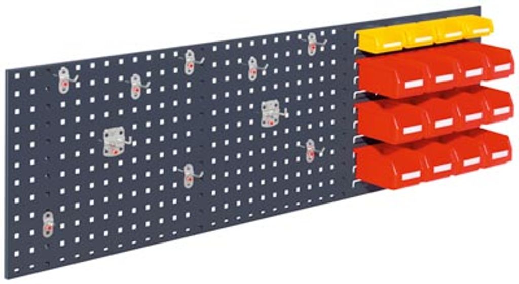 Einsteigerset, best. aus 1 Loch-/Schlitzplatte 1500x450 mm, 10-tlg. Werkzeughaltersort., 4 kl. + 12 gr. Lagersichtkästen, RAL 7016