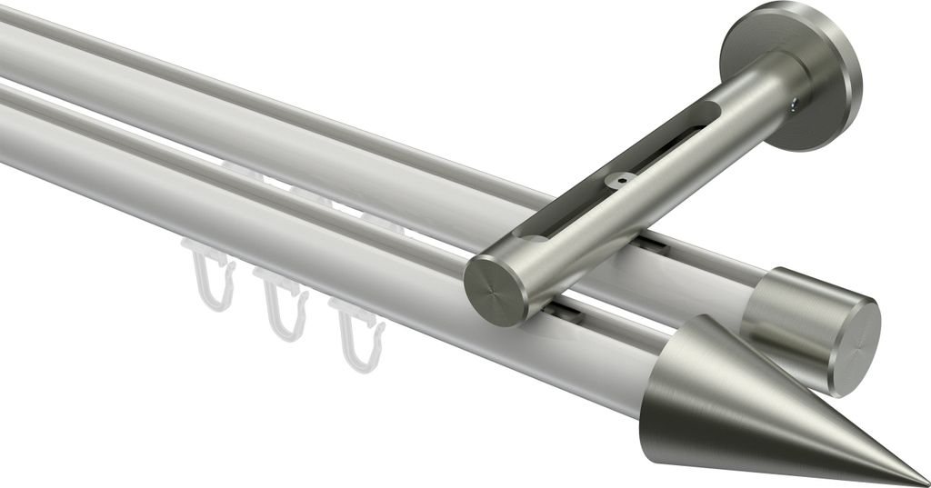 Interdeco Innenlaufstange / Gardinenstange mit Innenlauf Weiß / Edelstahl-Optik, Typ Siteno Savio (Kegel), 20 mm Ø 2-läufig, 240 cm