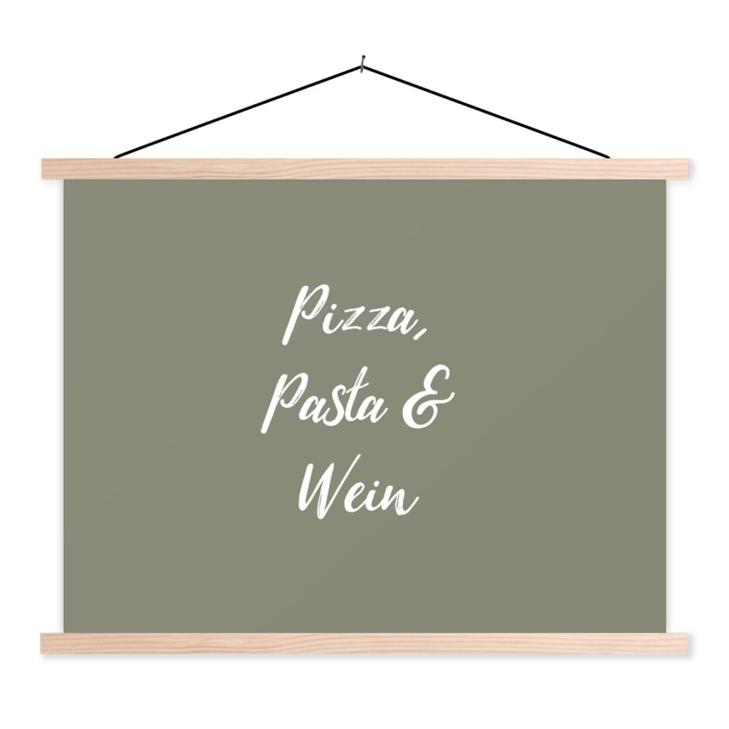 MuchoWow Textilposter Sprichwörter - Essen - Pizza, Pasta & Wein - Trinken - Zitate 60x45 cm mit holzfarbenen Rahmen - Bild