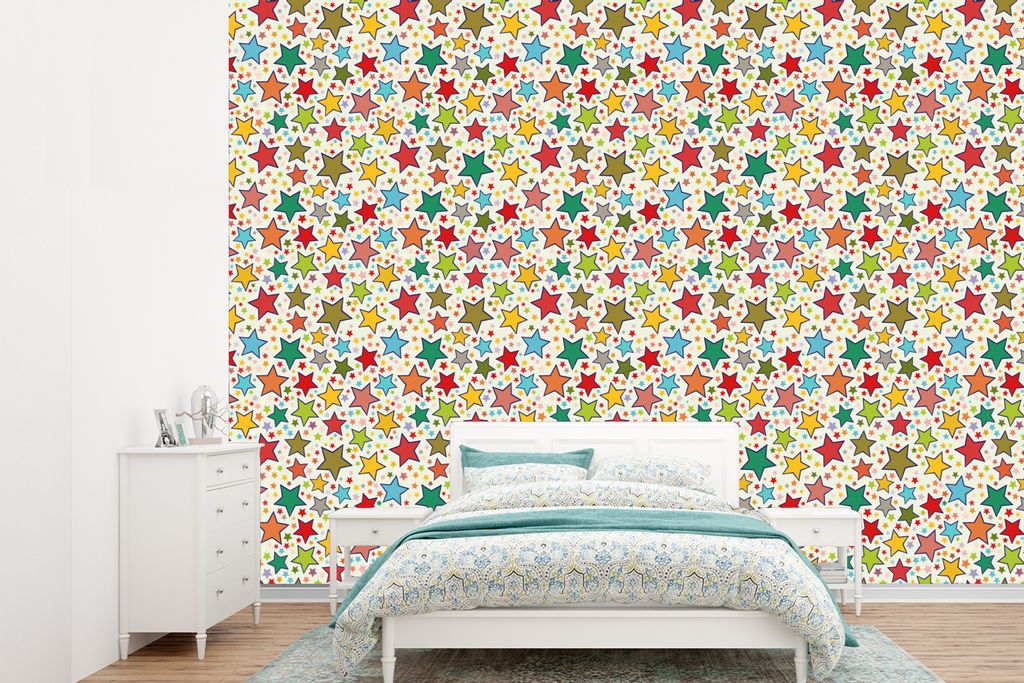 MuchoWow Fototapete für Wohnzimmer oder Schlafzimmer Wandtapete Vinyl Motivtapete Muster - Sterne - Farben - Kinder - Kinder - 415x300 cm - Küche