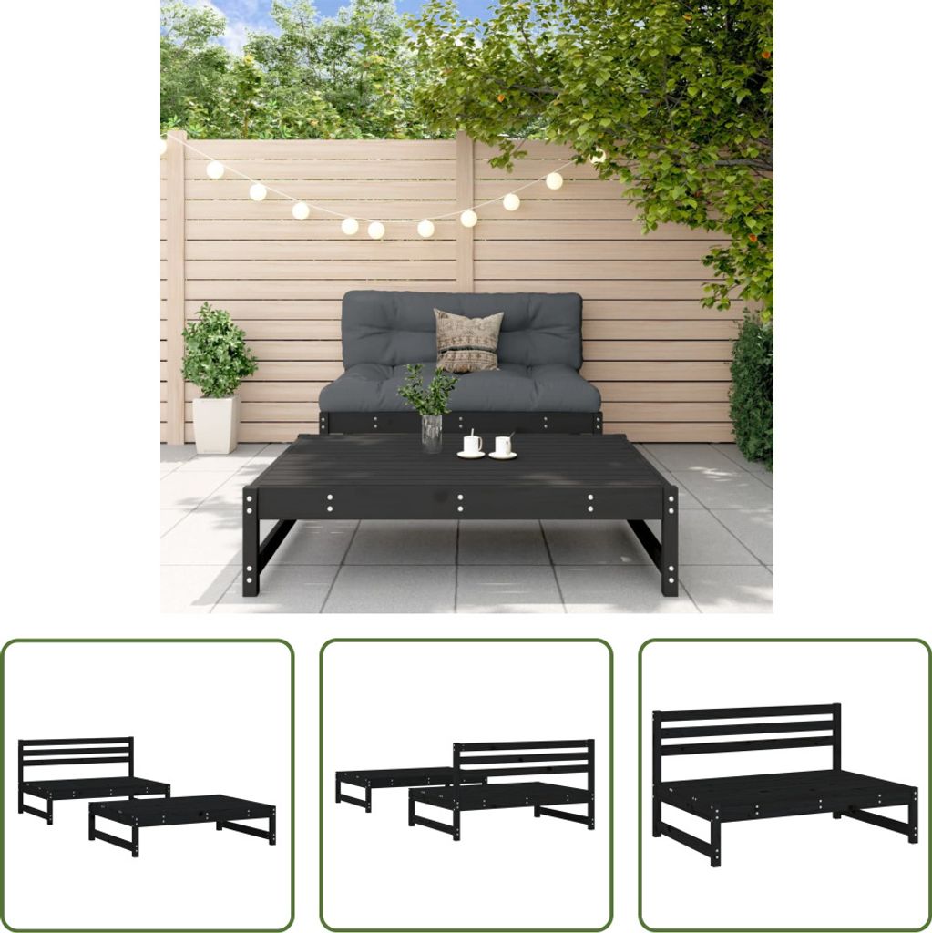 The Living Store 2-tlg. Garten-Lounge-Set Schwarz Massivholz Kiefer