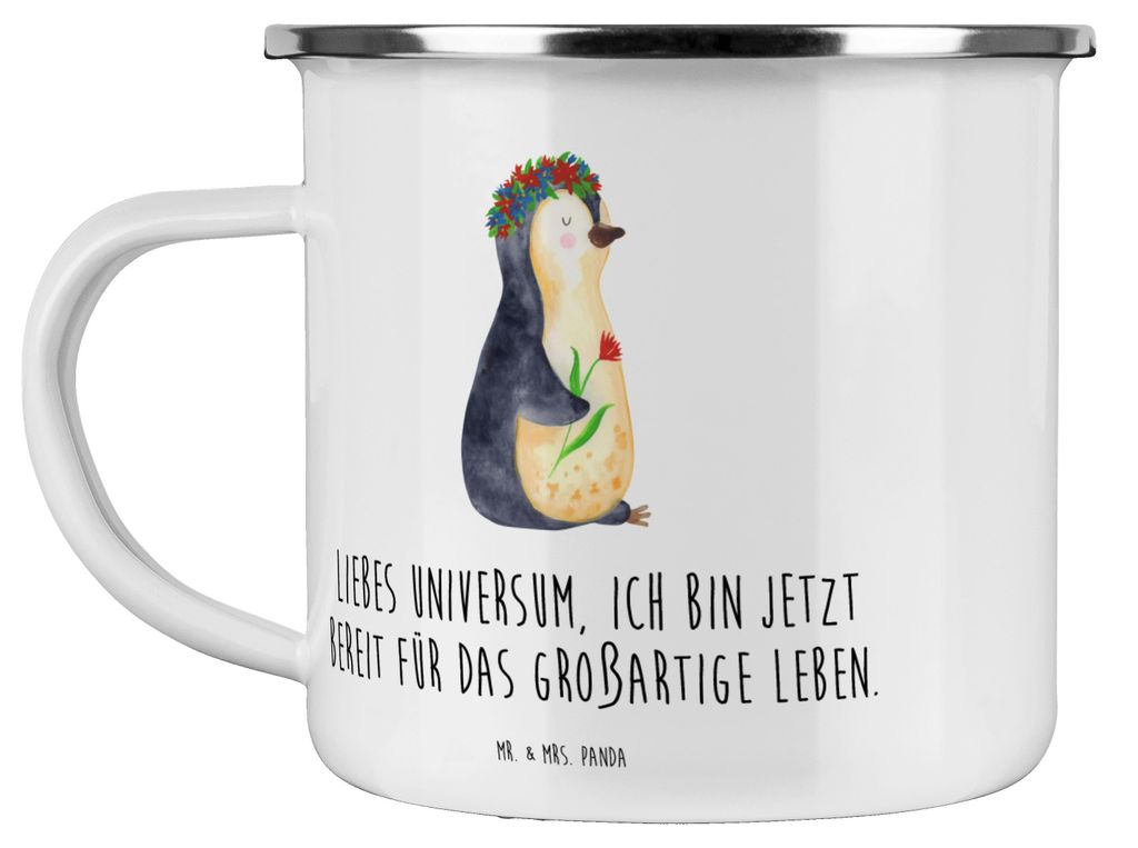 Mr. & Mrs. Panda Teetasse Pinguin Blumen - Weiß - Geschenk, Teebecher, Geschenkidee, Ziele, Positiv, Pott, emaillebecher, Blumenkranz, becher emai...