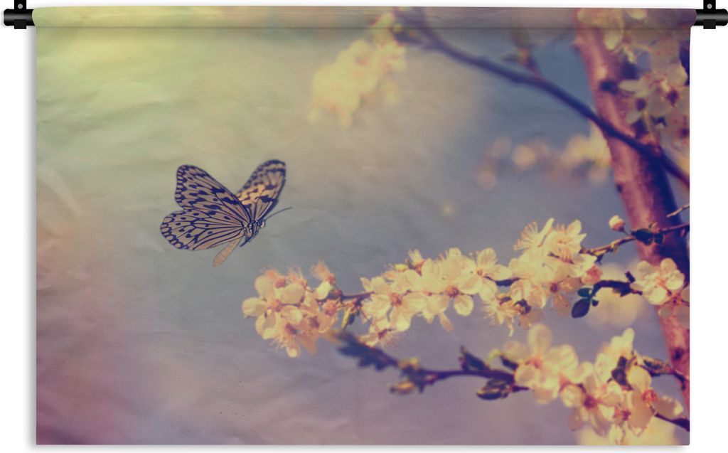 MuchoWow Wandteppich Wandbehang Schmetterlinge - Blüte - Zweig - Baum 120x80 cm Tapisserie Dekoration Wandtuch - Wanddekorationen - Wandtücher