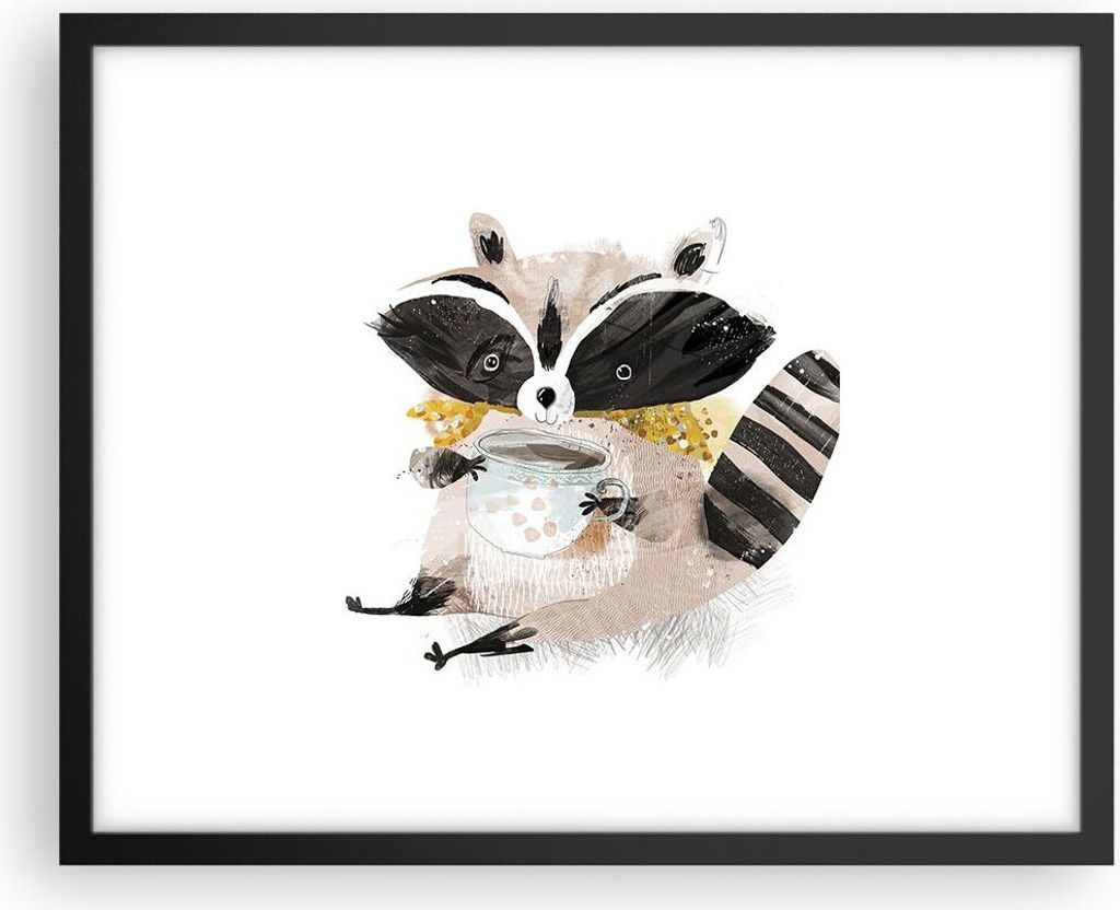 Gerahmtes Poster - Schwarzer Rahmen - Waschbär Tasse Kinder - 50x40 cm - Wand Bild - Wanddeko - Wandbilder - Kunstposter - Wandposter - Bilderrahm...