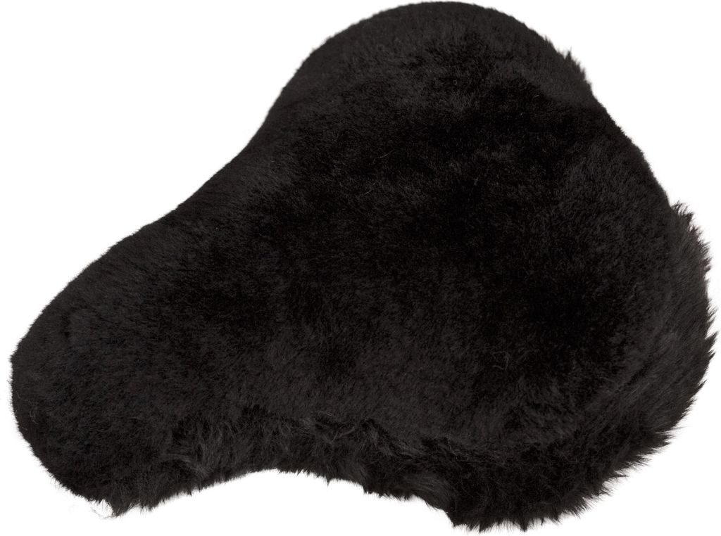 A black, fuzzy bicycle seat cover.