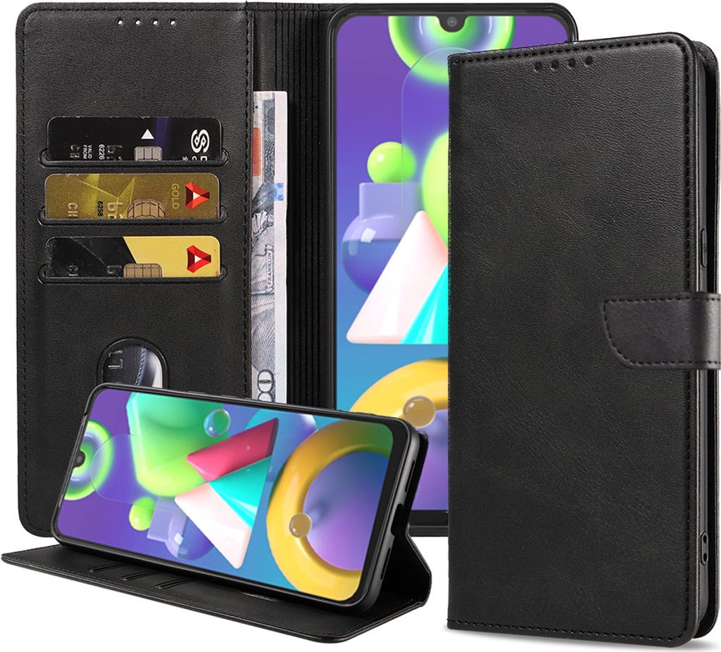 Passend für Samsung Galaxy M21 Handytasche Kunstleder mit magnetischer Lippe und Kartenhalter Buchhülle mit Klappe - Schwarz - Smartphonics