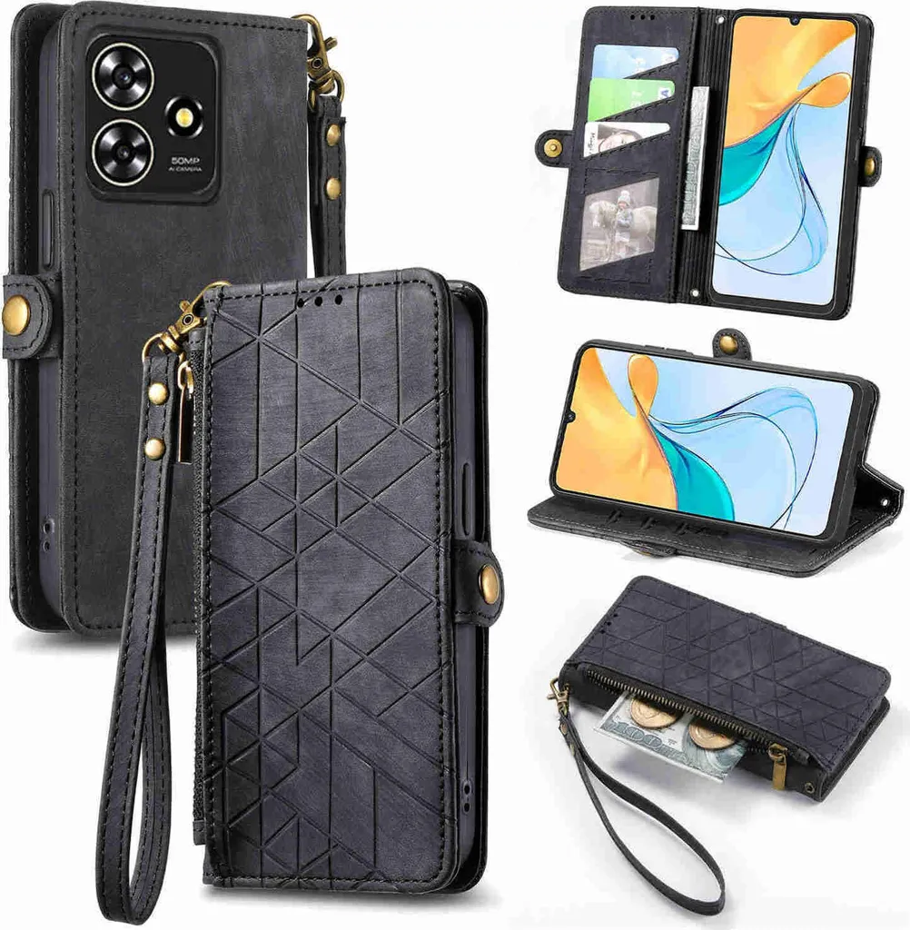 Cover ZTE Blade A73 4G Zipper Wallet: Pelle Nera e Passante Pratico