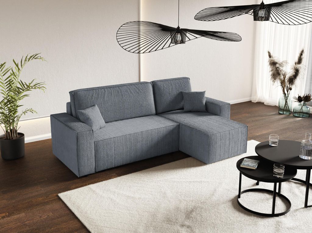 AlpiMeble L-förmiges Sofa Carlos, Modern Couch mit Stauraum, Ecksofa mit schlaffunktion, Eleganter Poso-Stoff, Stahl