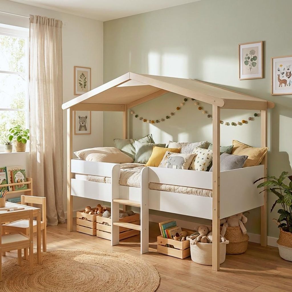 Hausbett PILOTI mit Matratze/ Kinderbett 90x190 - Weiß und naturholz