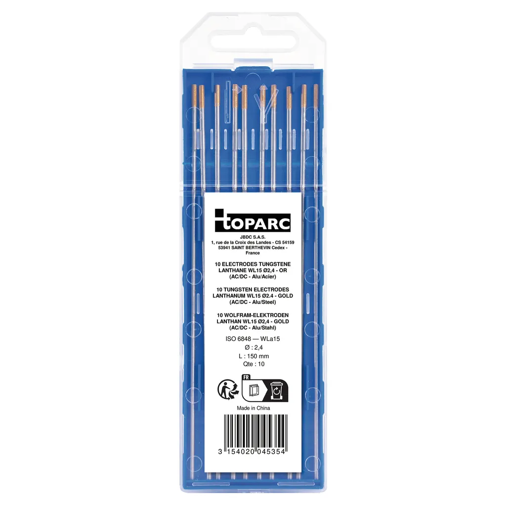 10 Électrodes Tungstène WL15 Ø2,4 mm Doré Haut Rendement pour TIG AC/DC