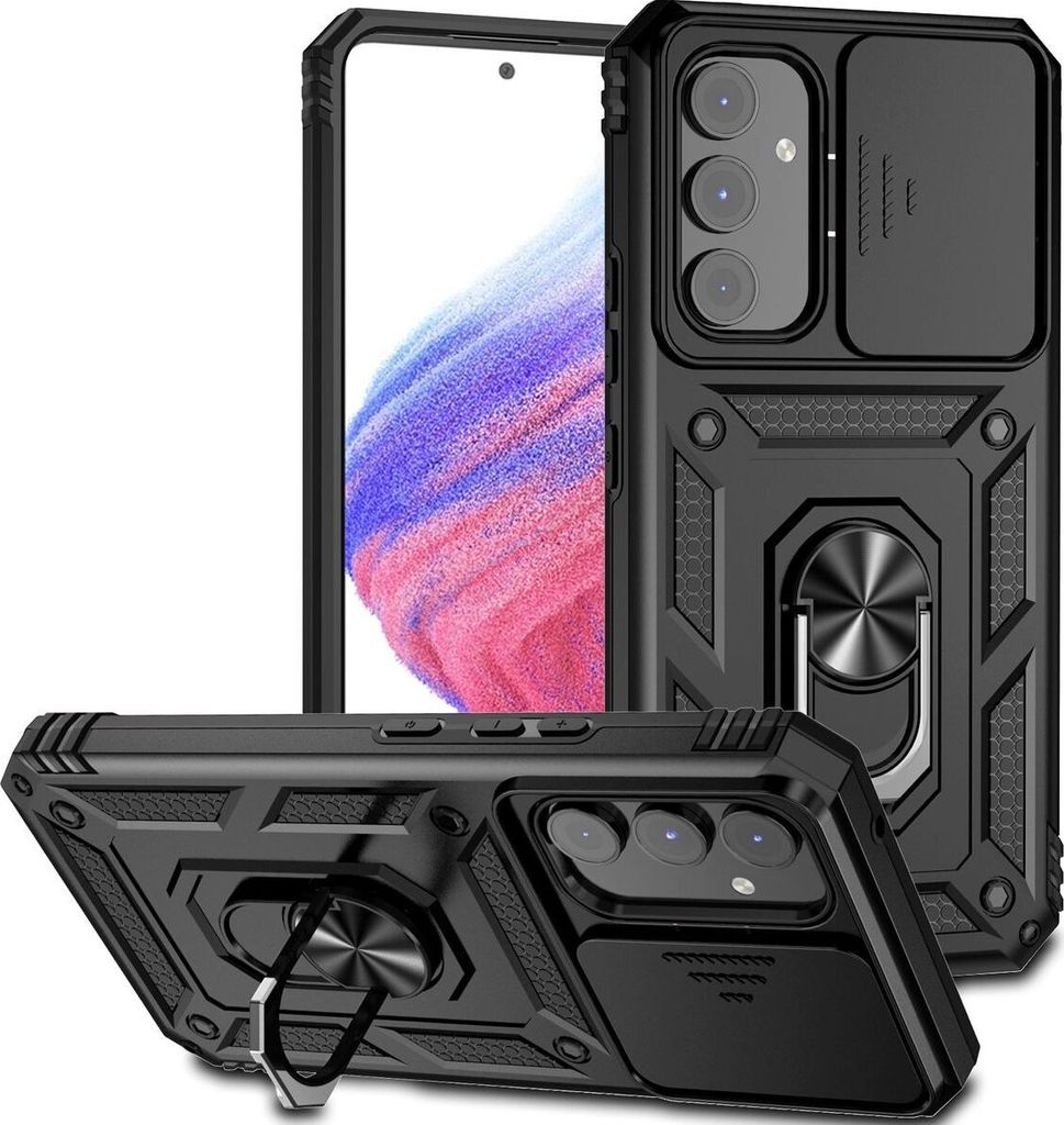 Mobigear Armor Ring Cam Slide Samsung Galaxy A54 Hülle Hardcase Backcover Stoßfest mit Ringhalter und Kamera Slider - Schwarz