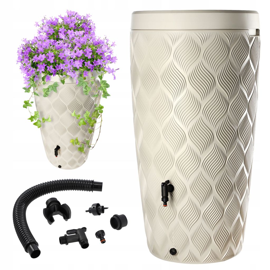 A rain barrel with a planter on top, and accessories laid out below, all on a white background.