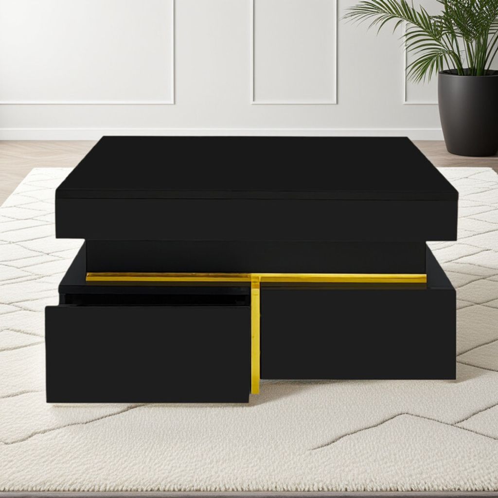 (Schwarz)Couchtisch mit Schubladen und goldenen Akzenten – Moderner Wohnzimmertisch Beistelltisch mit Stauraum
