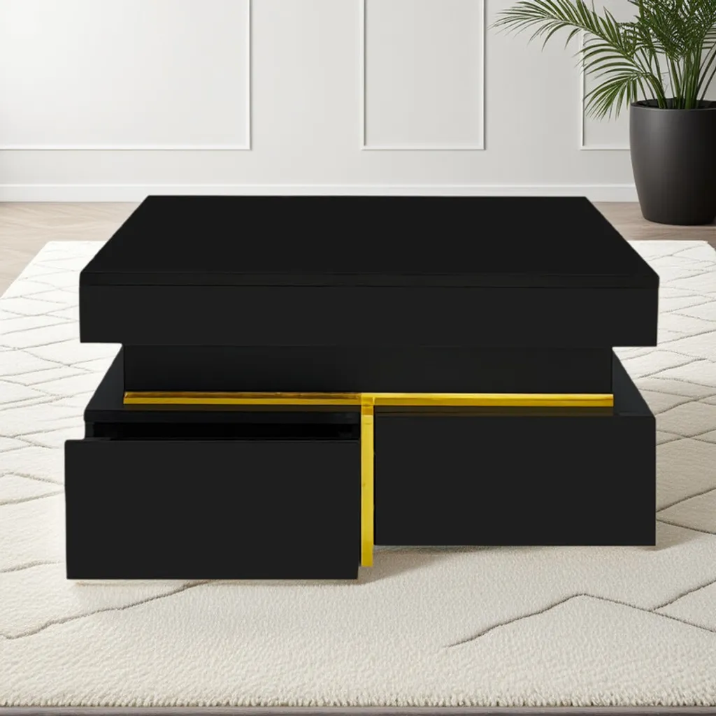 Table basse noire avec tiroirs et accents dorés - Modèle luxe moderne