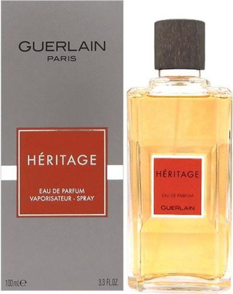 A product shot of Guerlain Heritage Eau de Parfum for men, showing both the bottle and its packaging.