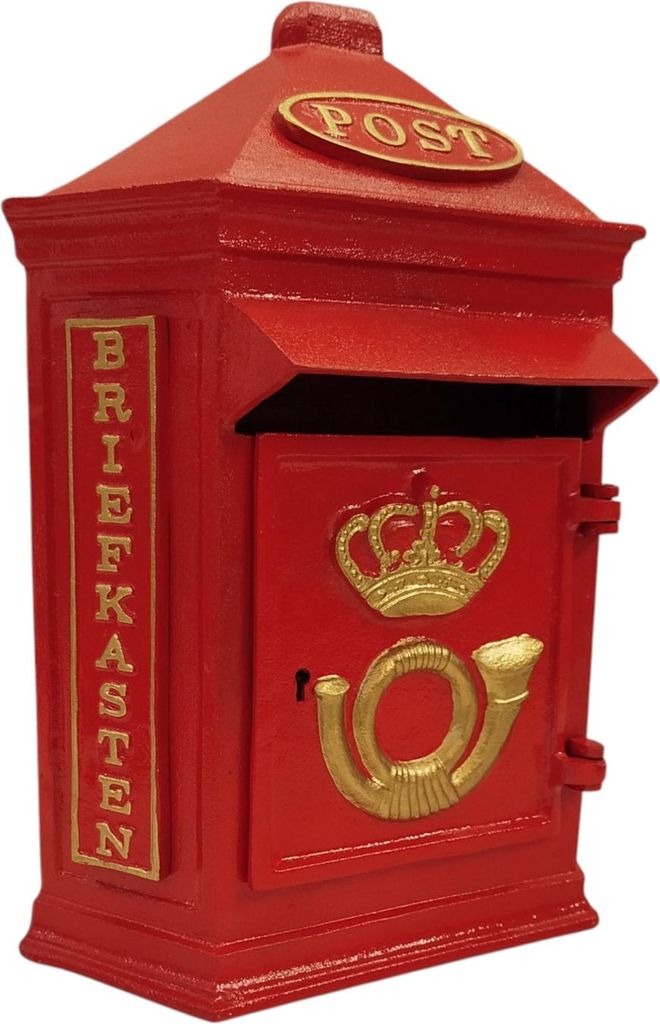 A red retro post box with gold accents, presented against a white background.