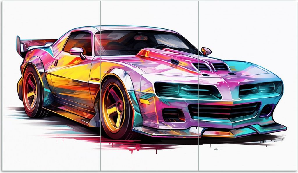Wallario Herdabdeckplatte aus Glas, Größe 90 x 52 cm 3-teilig, Motiv Buntes Muscle Car