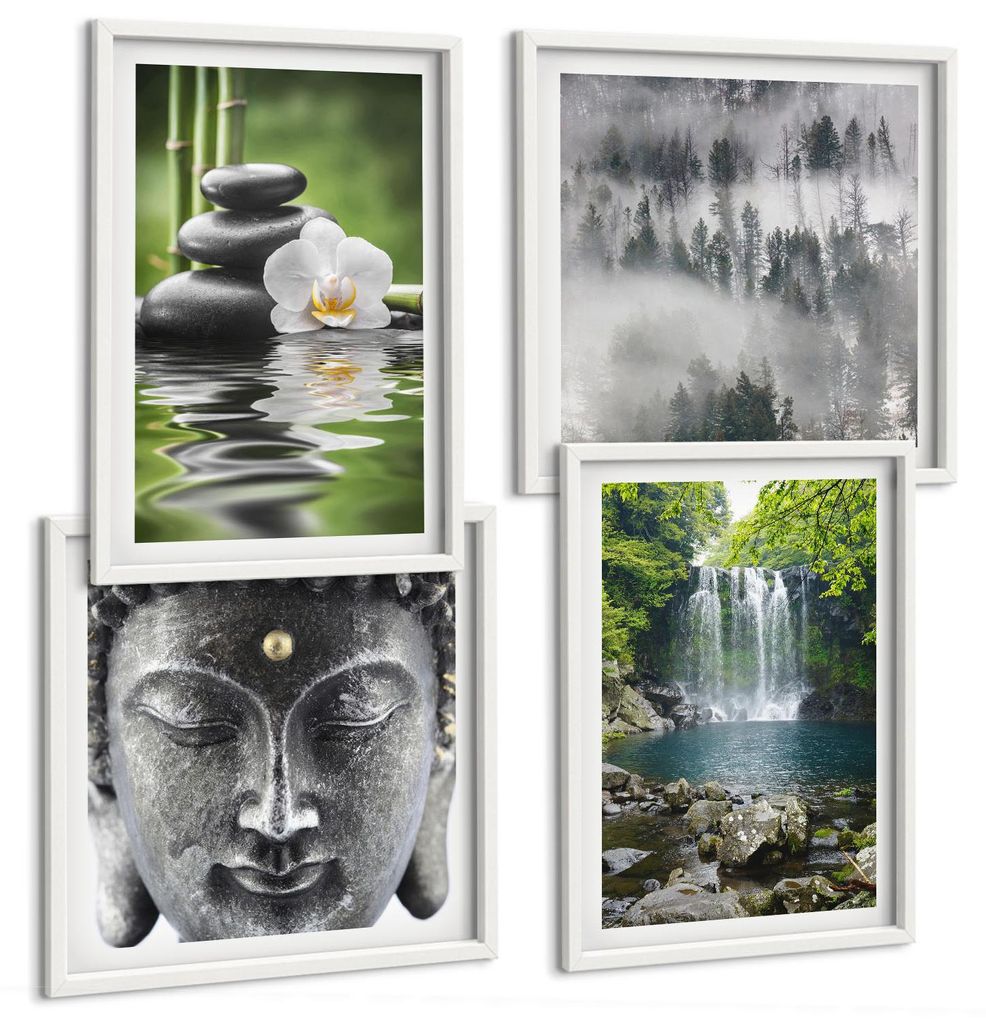 Bilder Set 4-teilig im Goldrahmen Rahmen – Wandbilder 4 Stück – gerahmte Poster für Wohnzimmer, Schlafzimmer und Flur – 50x50 cm - 40x60 cm...