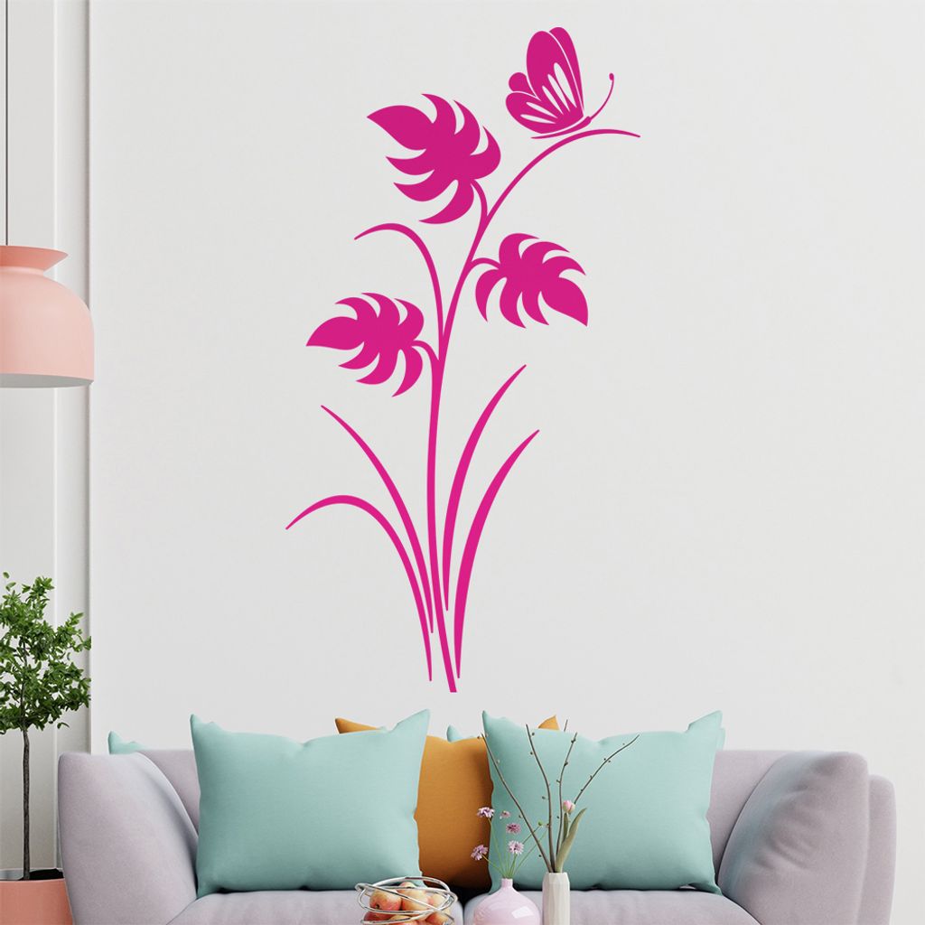 Schmetterling auf Pflanze Wandtattoo in 6 Größen - Wandaufkleber Wall Sticker - Dekoration, Küche, Wohnzimmer, Schlafzimmer, Badezimmer