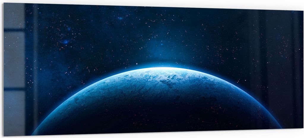 DEQORI Küchenrückwand Glas 125x50 cm 'Heller Schein auf Erdball' Spritzschutz Bad Rückwand