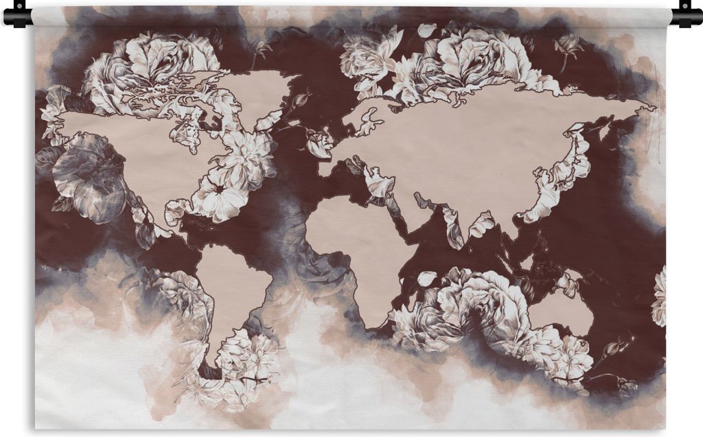 MuchoWow Wandteppich Wandbehang Weltkarte - Braun - Rosen 150x100 cm Tapisserie Dekoration Wandtuch - Waschbar - Tapisserien - Wand-Decke