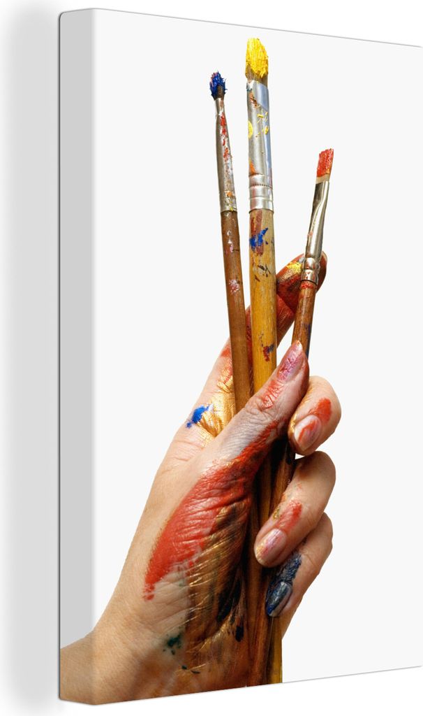 OneMillionCanvasses - Leinwandbilder - 90x140 cm, Hand mit Pinsel auf weißem Hintergrund, Wandbilder Kunstdruck Wanddekoration - Foto auf Leinwa...