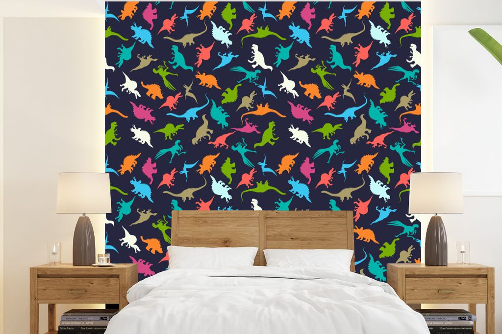 MuchoWow Fototapete für Wohnzimmer oder Schlafzimmer Wandtapete Vinyl Motivtapete Muster - Dino - Farben - Jungen - Kinder - Kind - 220x240 cm -...
