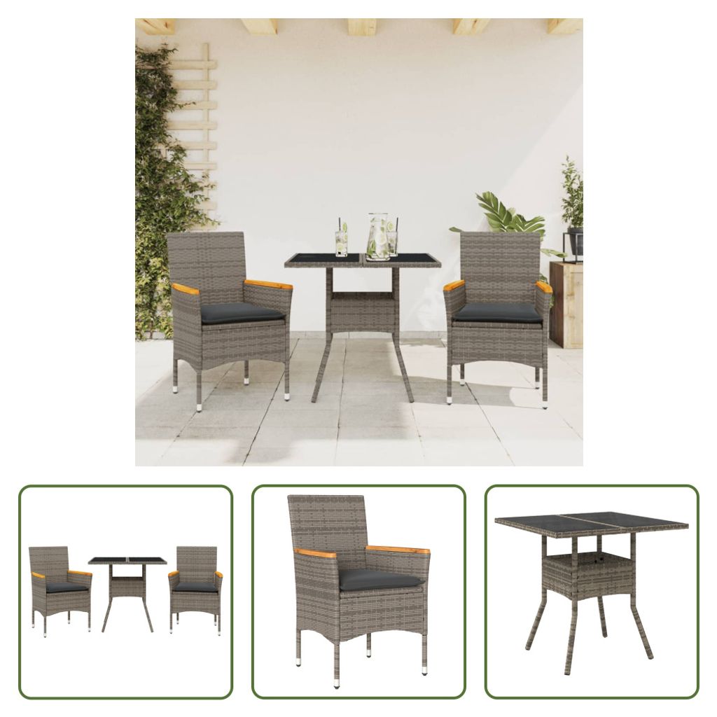 The Living Store 3-tlg. Garten-Essgruppe mit Kissen Grau Poly Rattan und Glas