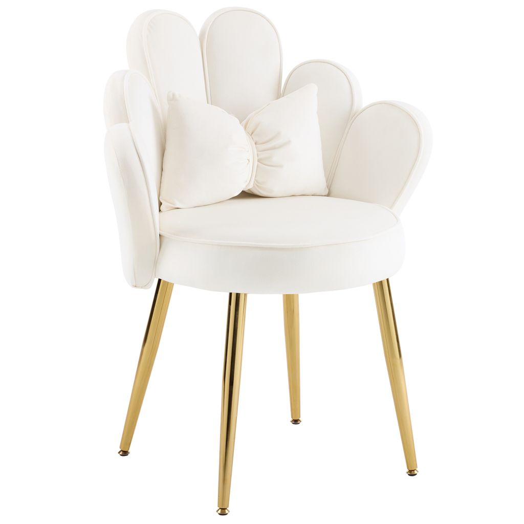 A white velvet accent chair with gold legs, presented on a white background.