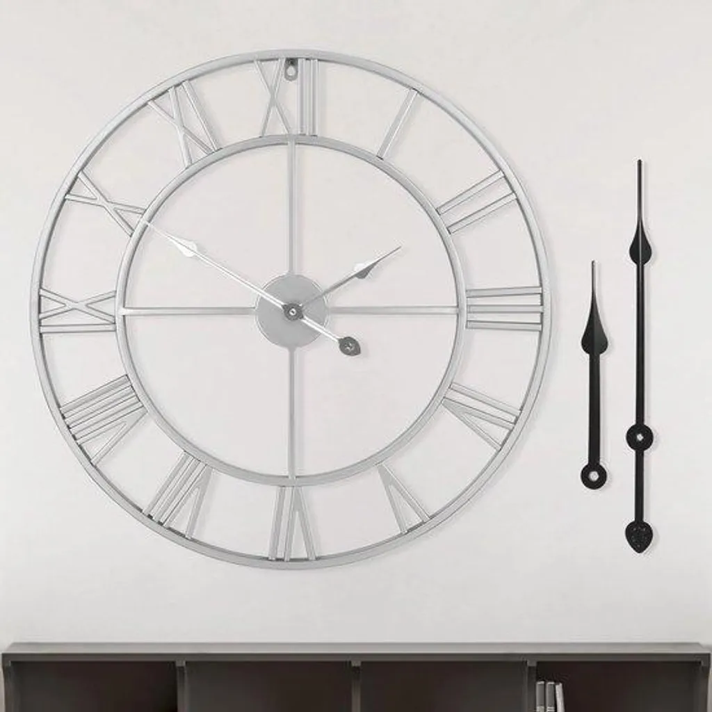 Grande horloge murale vintage noire en métal de 60 cm à chiffres romains