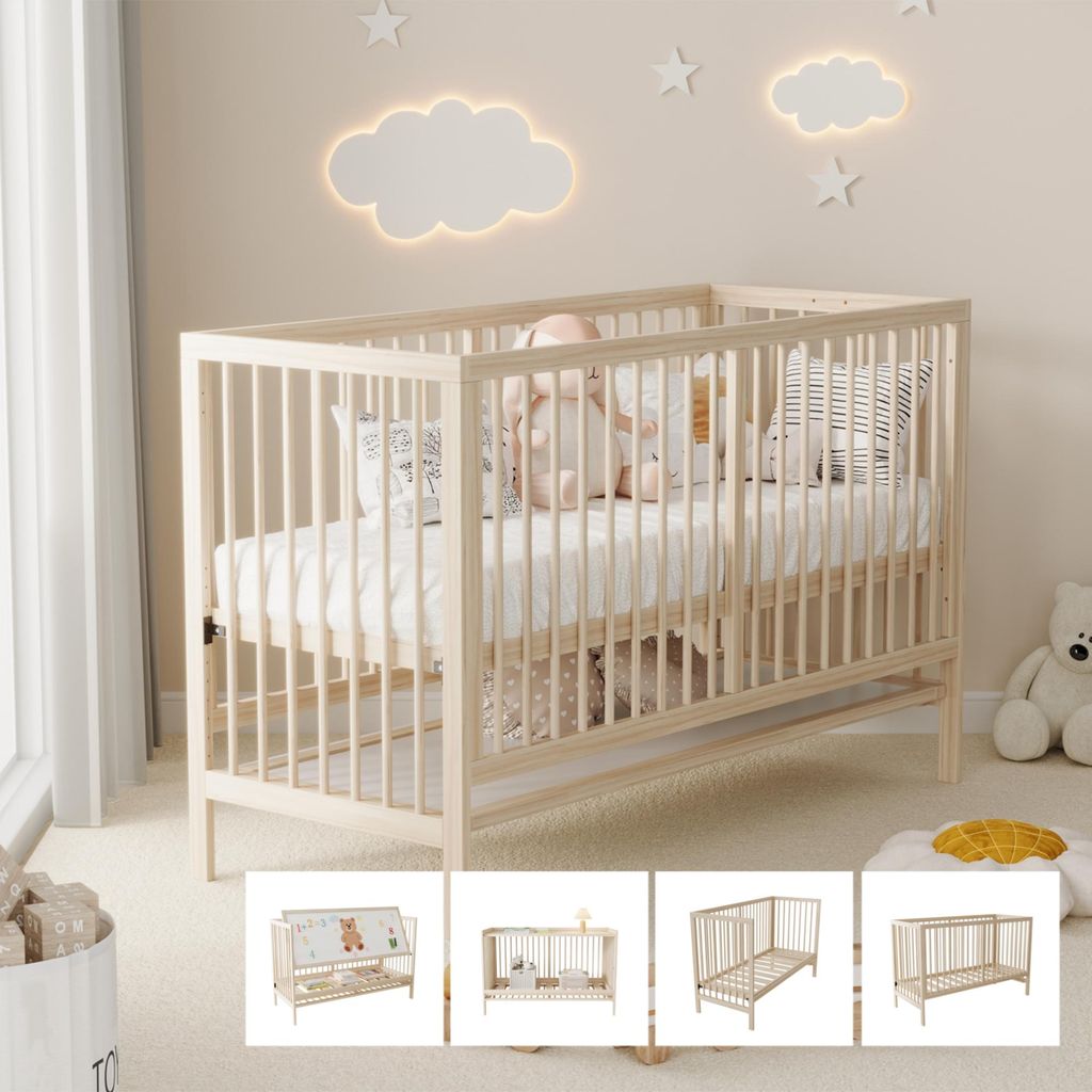 STILVORA Babybett multifunktional, umwandelbar in Nebenbett Malerbrettständer Schreibtisch, höhenverstellbar, ohne Matratze, aus Fichte
