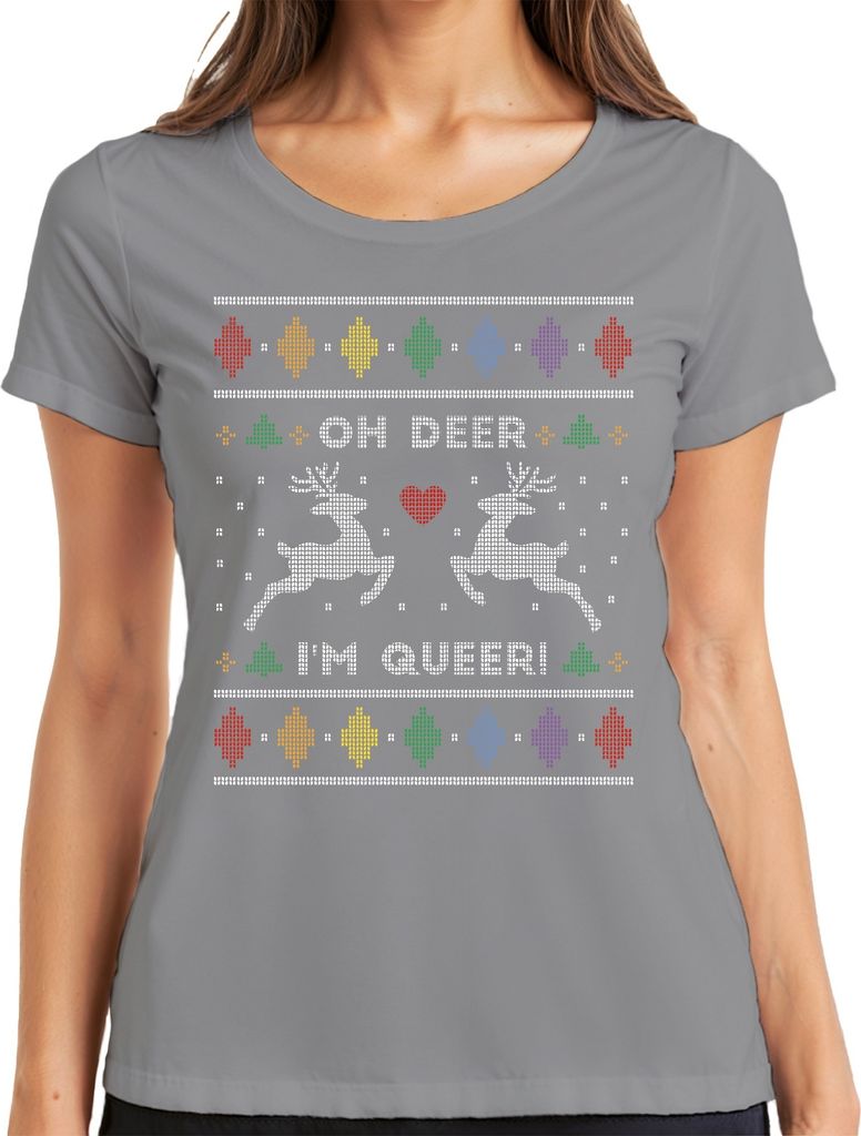 Oh Deer I'm Queer LGBTQ X-Mas - Ugly Christmas Sweater Weihnachten Damen T-Shirt, Grau, L