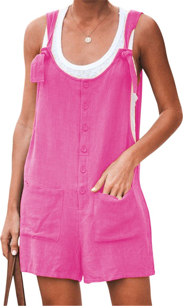 ASKSA Damen Kurz Jumpsuit Sommer Playsuit Kurz Romper Shorts Latzhose Frauen Overalls mit Taschen, Rosa, Groesse: XL