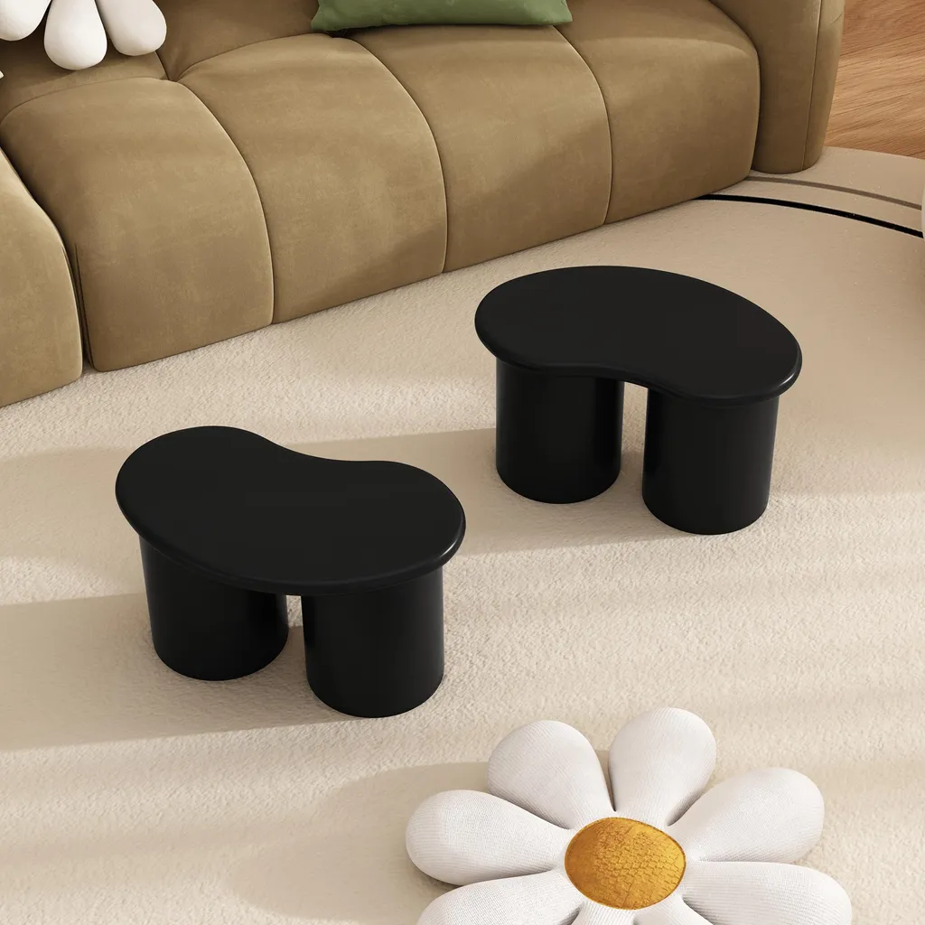 Fortuna Lai Banc Irrégulier Noir avec 2 Tabourets Design 16x42x24,5 cm