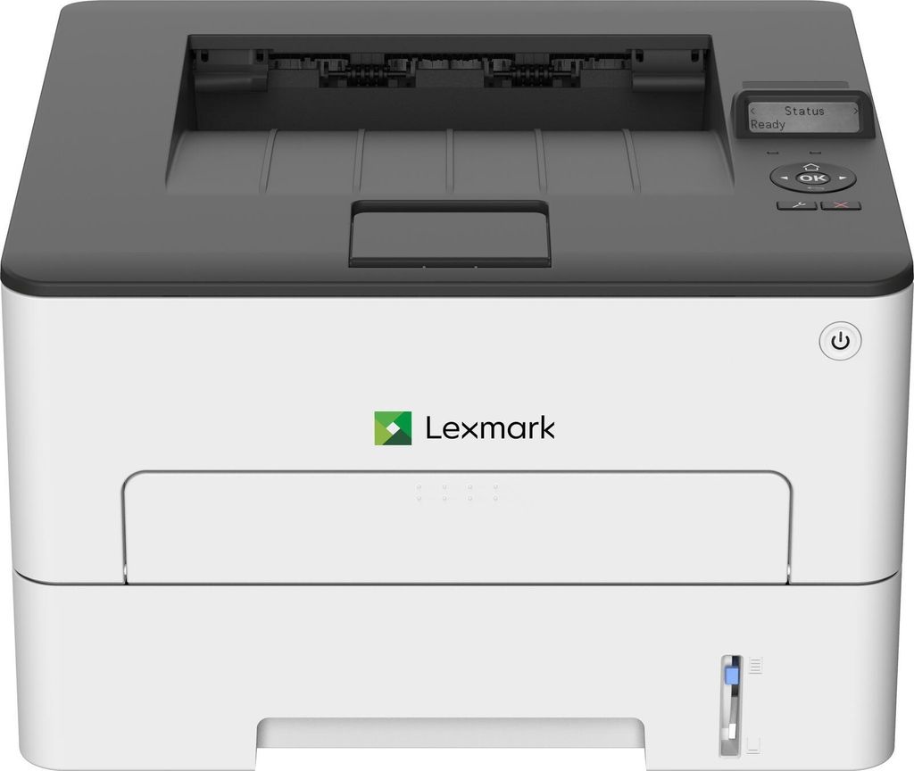 A Lexmark laser printer is shown from the front.