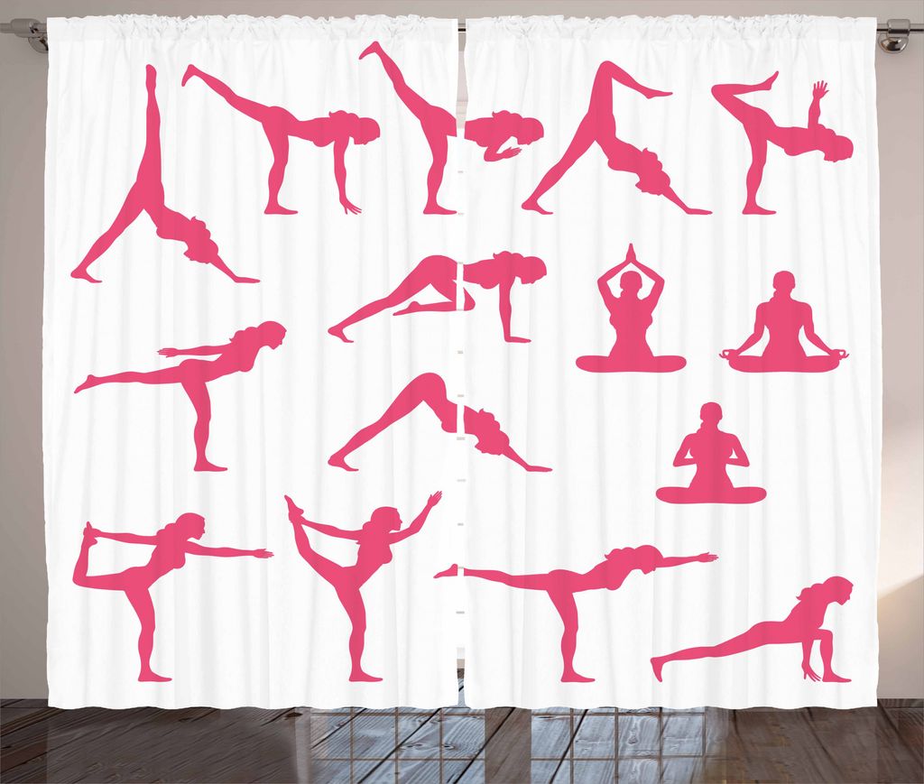ABAKUHAUS Yoga Rustikaler Vorhang, Rosa Silhouetten, die biegen, Wohnzimmer Universalband Gardinen mit Schlaufen und Haken, 280 x 225 cm, Weiß Rosa