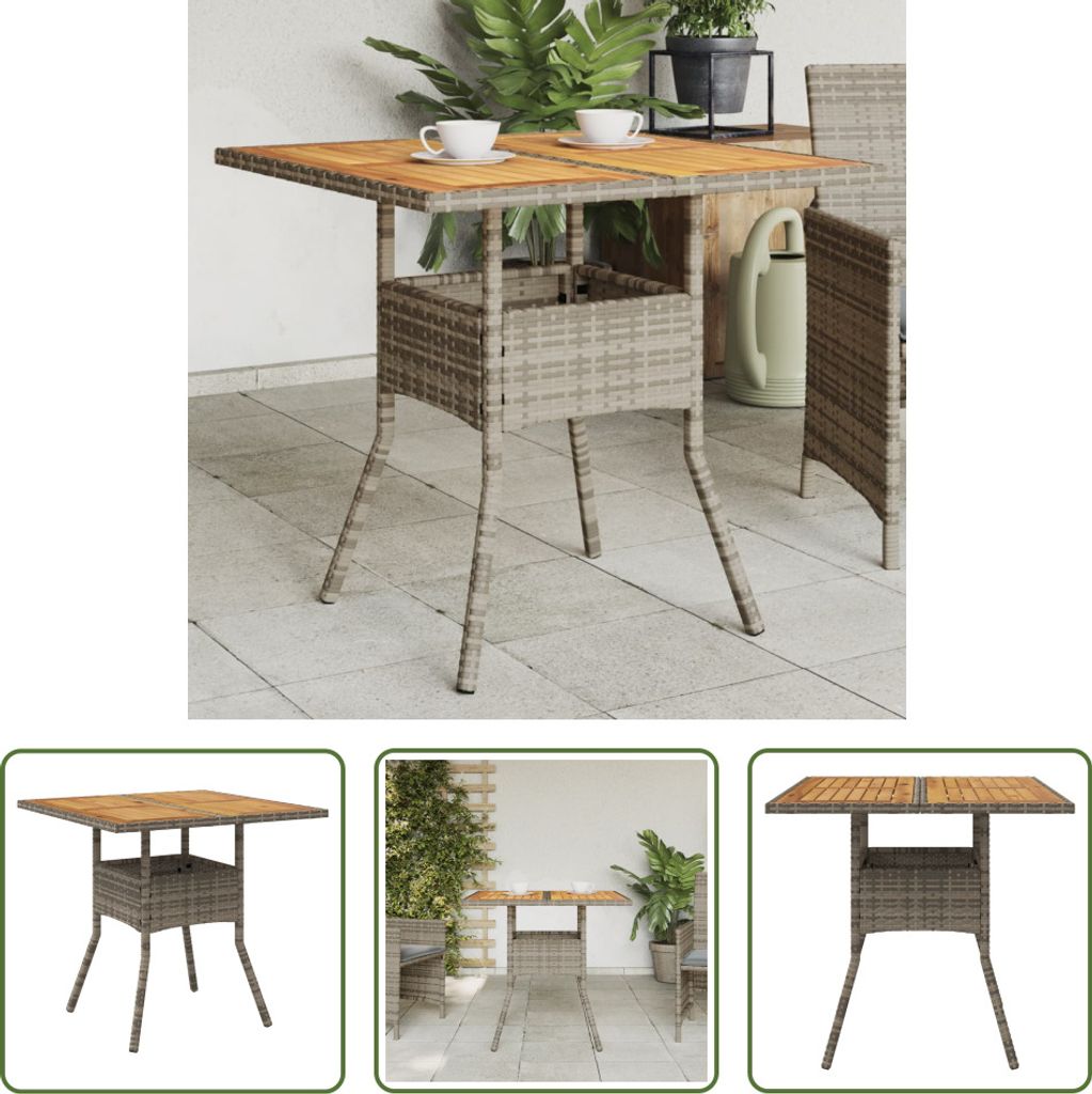 The Living Store Gartentisch mit Akazienholz-Platte Grau 80x80x75 cm Poly Rattan