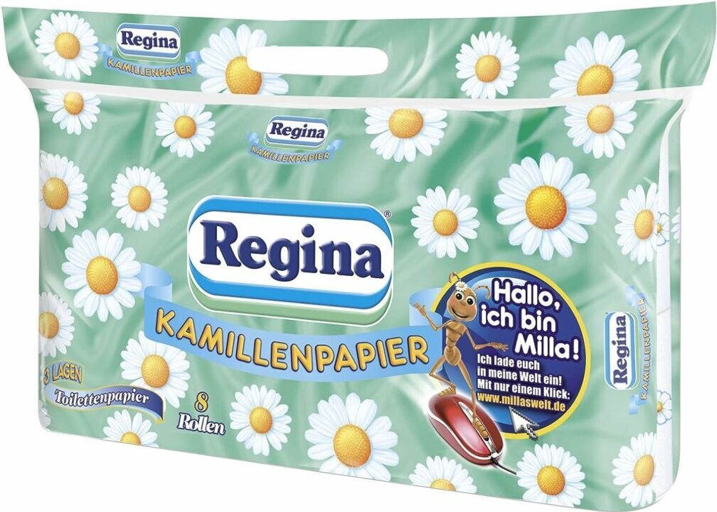 A package of Regina Kamillenpapier toilet paper with a daisy pattern.