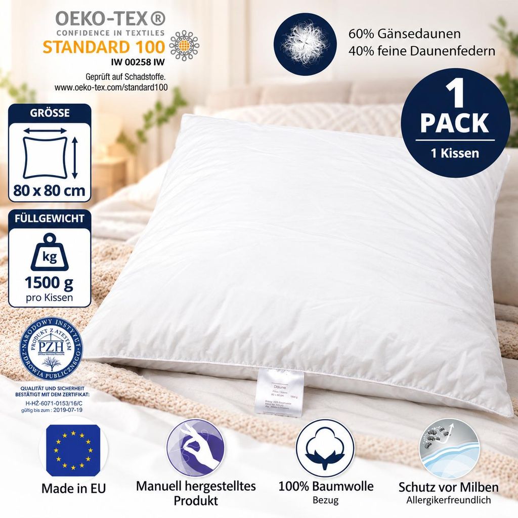 1-er Set | Kopfkissen 80x80 cm | Füllung: 1500 Gramm Daunen Produktbild 
